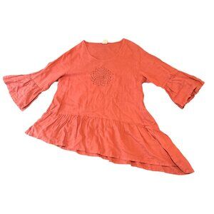 Womens Rusty Coral Linen Tunic With Flounce Hem & Bell Sleeves Linen Boho Chic